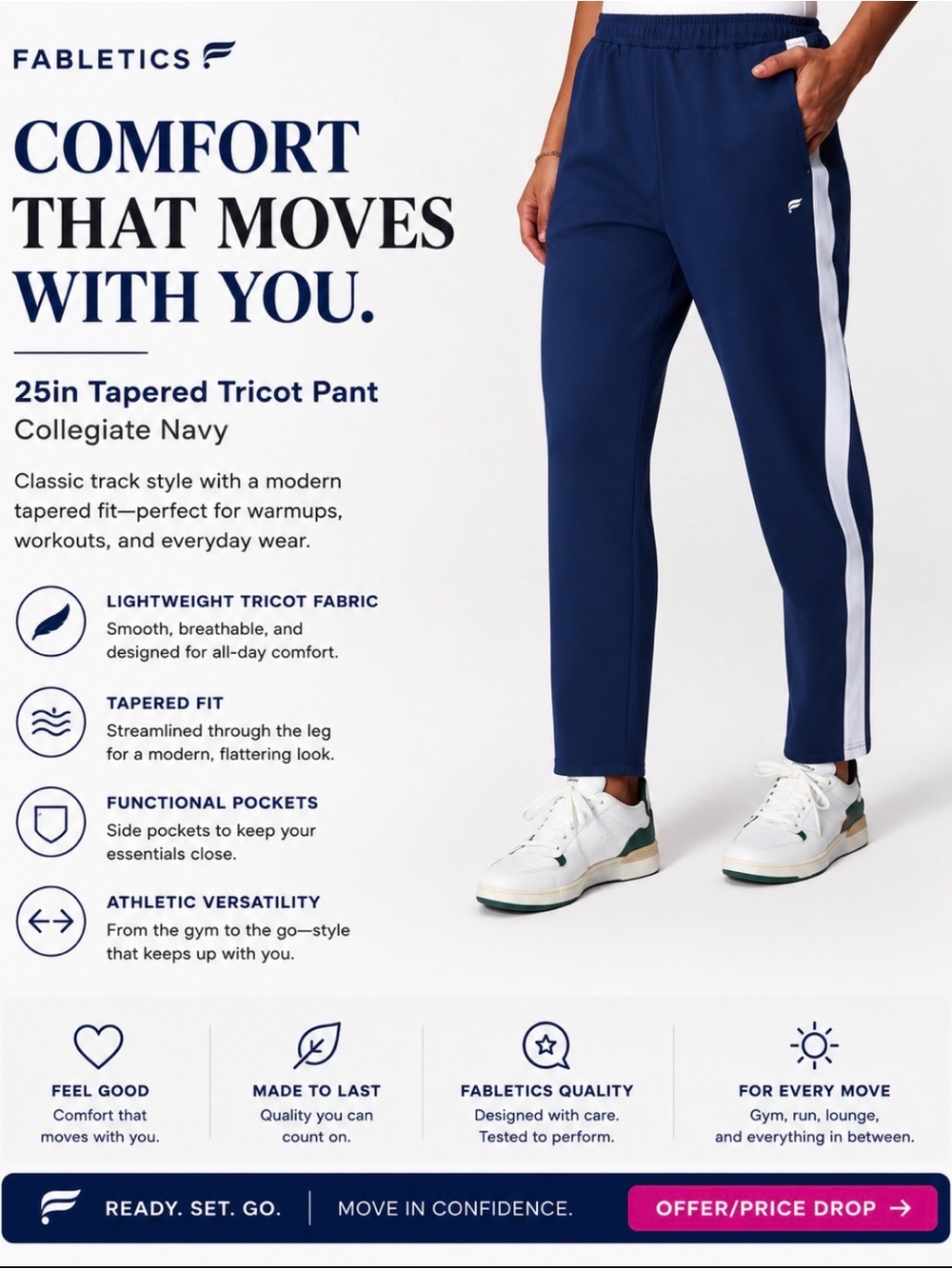 Fabletics 25in tapered tricot pant size women’s medium. Collegiate navy